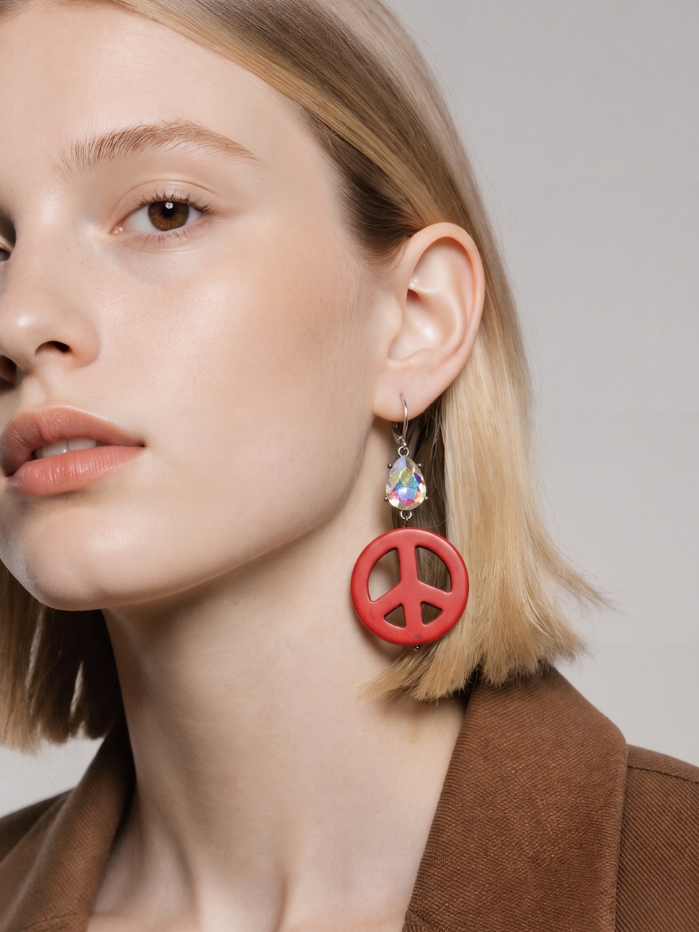Red Peace Sign Drop Earrings with Crystal Accent